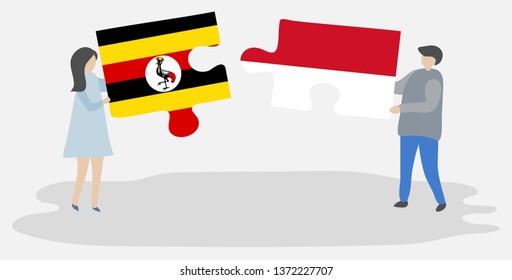 Couple holding two puzzles pieces with Ugandan and Monegasque flags. Uganda and Monaco national symbols together.