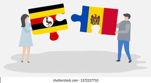 Couple holding two puzzles pieces with Ugandan and Moldovan flags. Uganda and Moldova national symbols together.