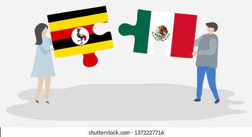 Couple holding two puzzles pieces with Ugandan and Mexican flags. Uganda and Mexico national symbols together.