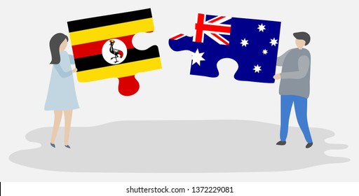 Couple holding two puzzles pieces with Ugandan and Australian flags. Uganda and Australia national symbols together.