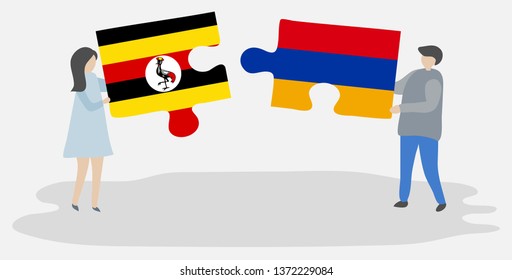 Couple holding two puzzles pieces with Ugandan and Armenian flags. Uganda and Armenia national symbols together.