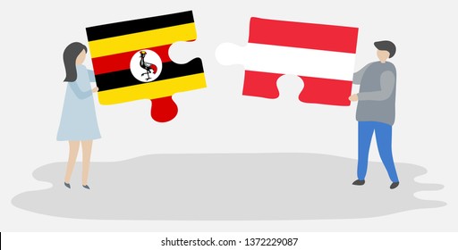 Couple holding two puzzles pieces with Ugandan and Austrian flags. Uganda and Austria national symbols together.