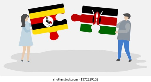Couple holding two puzzles pieces with Ugandan and Kenyan flags. Uganda and Kenya national symbols together.