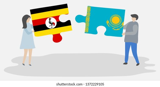 Couple holding two puzzles pieces with Ugandan and Kazakh flags. Uganda and Kazakhstan national symbols together.