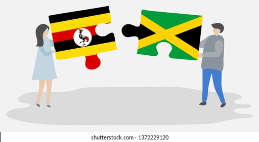 Couple holding two puzzles pieces with Ugandan and Jamaican flags. Uganda and Jamaica national symbols together.