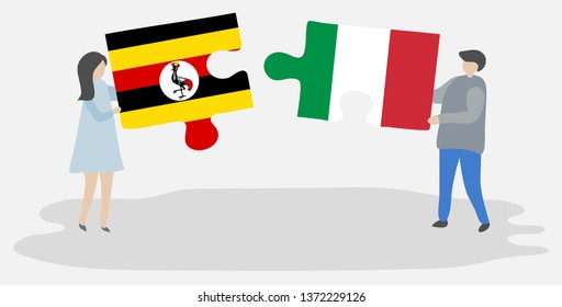 Couple holding two puzzles pieces with Ugandan and Italian flags. Uganda and Italy national symbols together.