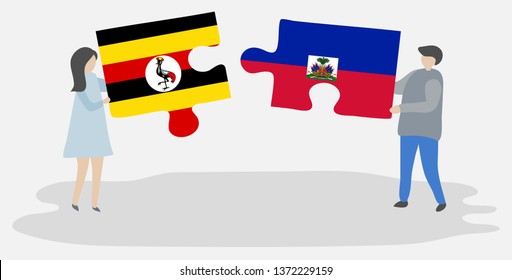 Couple holding two puzzles pieces with Ugandan and Haitian flags. Uganda and Haiti national symbols together.