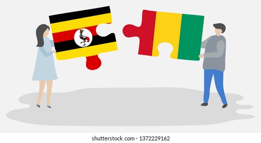 Couple holding two puzzles pieces with Ugandan and Guinean flags. Uganda and Guinea national symbols together.