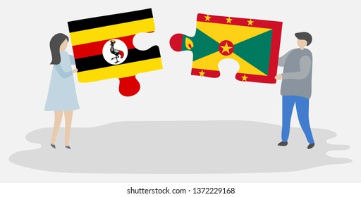 Couple holding two puzzles pieces with Ugandan and Grenadian flags. Uganda and Grenada national symbols together.