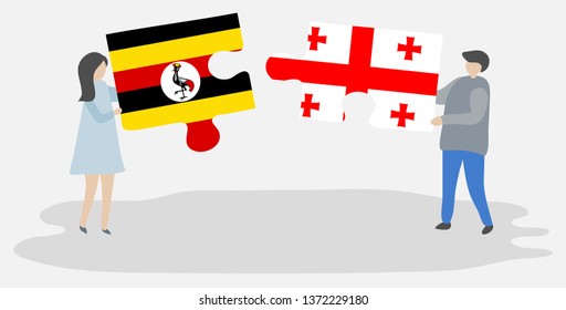 Couple holding two puzzles pieces with Ugandan and Georgian flags. Uganda and Georgia national symbols together.