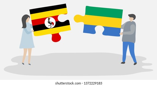 Couple holding two puzzles pieces with Ugandan and Gabonese flags. Uganda and Gabon national symbols together.