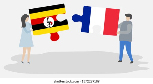 Couple holding two puzzles pieces with Ugandan and French flags. Uganda and France national symbols together.