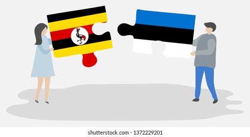 Couple holding two puzzles pieces with Ugandan and Estonian flags. Uganda and Estonia national symbols together.