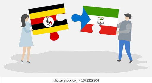 Couple holding two puzzles pieces with Ugandan and Equatorial Guinean flags. Uganda and Equatorial Guinea national symbols together.
