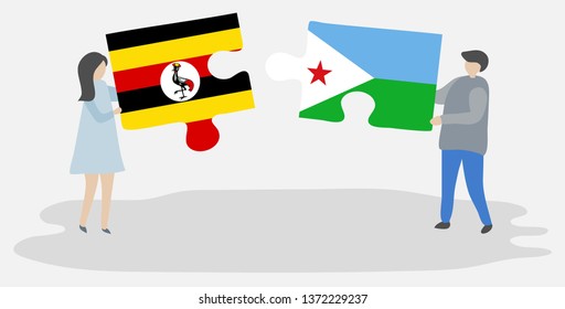 Couple holding two puzzles pieces with Ugandan and Djiboutian flags. Uganda and Djibouti national symbols together.