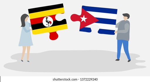 Couple holding two puzzles pieces with Ugandan and Cuban flags. Uganda and Cuba national symbols together.