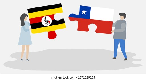 Couple holding two puzzles pieces with Ugandan and Chilean flags. Uganda and Chile national symbols together.