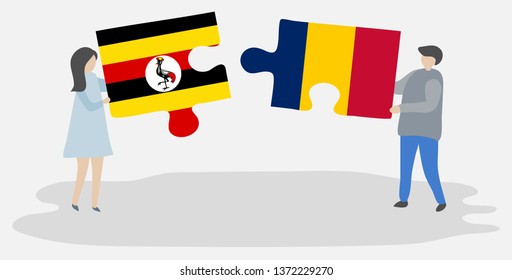 Couple holding two puzzles pieces with Ugandan and Chadian flags. Uganda and Chad national symbols together.