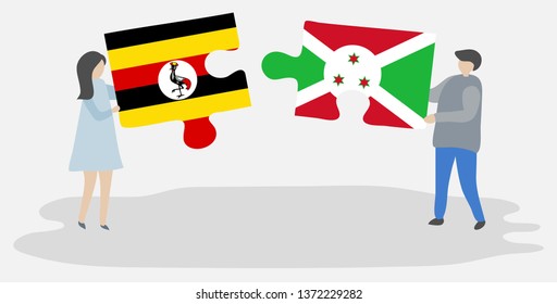 Couple holding two puzzles pieces with Ugandan and Burundian flags. Uganda and Burundi national symbols together.