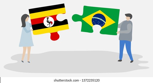 Couple holding two puzzles pieces with Ugandan and Brazilian flags. Uganda and Brazil national symbols together.