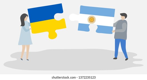 Couple holding two puzzles pieces with Ukrainian and Argentine flags. Ukraine and Argentina national symbols together.