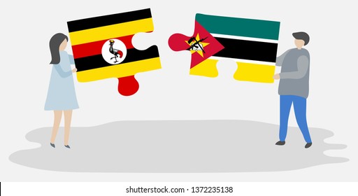 Couple holding two puzzles pieces with Ugandan and Mozambican flags. Uganda and Mozambique national symbols together.