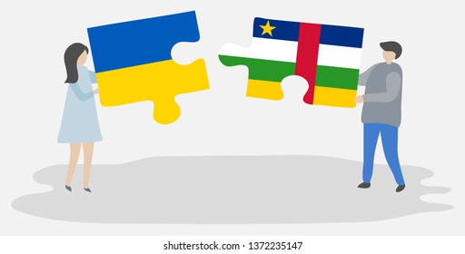 Couple holding two puzzles pieces with Ukrainian and Central African flags. Ukraine and Central African Republic national symbols together.