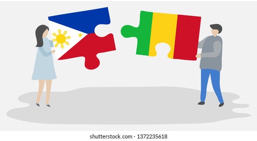 Couple holding two puzzles pieces with Filipino and Malian flags. Philippines and Mali national symbols together.