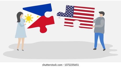 Couple holding two puzzles pieces with Filipino and American flags. Philippines and United States of America national symbols together.