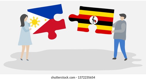 Couple holding two puzzles pieces with Filipino and Ugandan flags. Philippines and Uganda national symbols together.