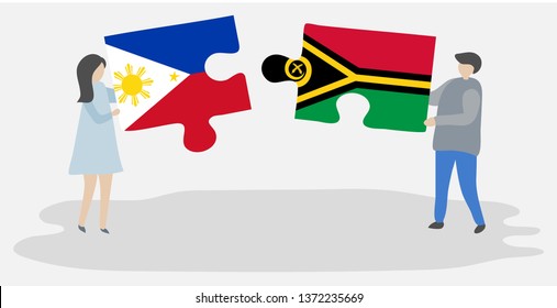 Couple holding two puzzles pieces with Filipino and Vanuatuan flags. Philippines and Vanuatu national symbols together.