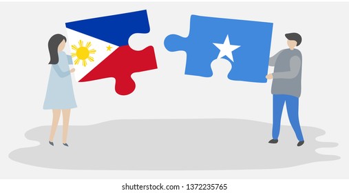 Couple holding two puzzles pieces with Filipino and Somali flags. Philippines and Somalia national symbols together.
