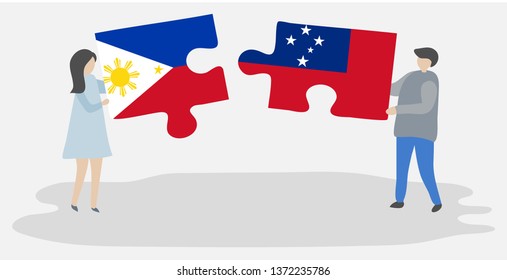 Couple holding two puzzles pieces with Filipino and Samoan flags. Philippines and Samoa national symbols together.