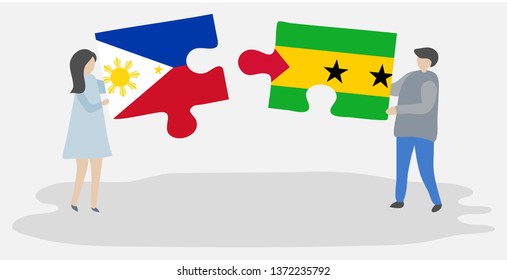 Couple holding two puzzles pieces with Filipino and Sao Tomean flags. Philippines and Sao Tome and Principe national symbols together.
