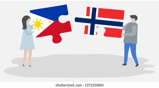 Couple holding two puzzles pieces with Filipino and Norwegian flags. Philippines and Norway national symbols together.