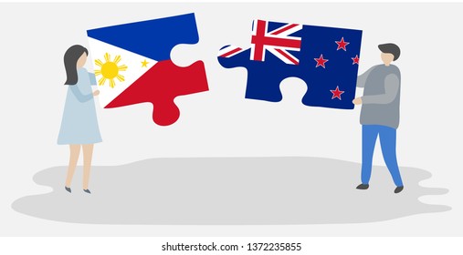 Couple holding two puzzles pieces with Filipino and NZ flags. Philippines and New Zealand national symbols together.