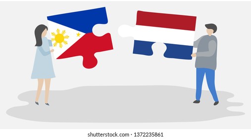 Couple holding two puzzles pieces with Filipino and Dutch flags. Philippines and Netherlands national symbols together.