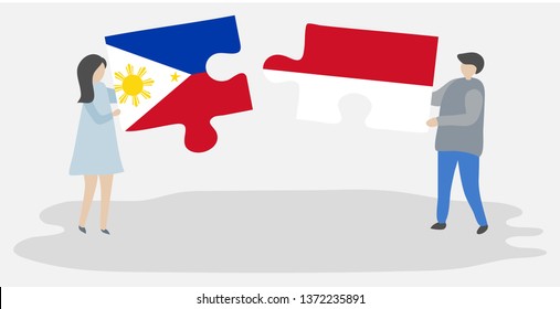 Couple holding two puzzles pieces with Filipino and Monegasque flags. Philippines and Monaco national symbols together.