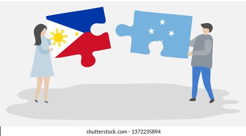 Couple holding two puzzles pieces with Filipino and Micronesian flags. Philippines and Micronesia national symbols together.