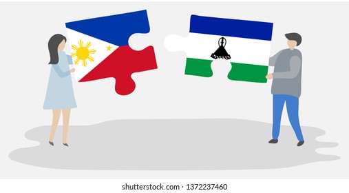 Couple holding two puzzles pieces with Filipino and Basotho flags. Philippines and Lesotho national symbols together.