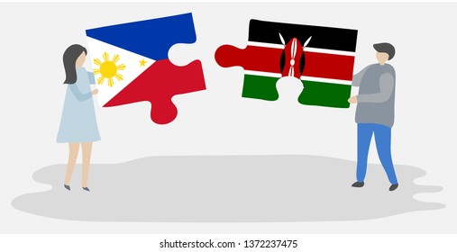 Couple holding two puzzles pieces with Filipino and Kenyan flags. Philippines and Kenya national symbols together.