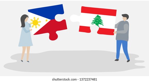 Couple holding two puzzles pieces with Filipino and Lebanese flags. Philippines and Lebanon national symbols together.