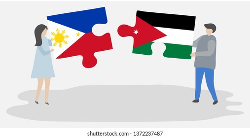 Couple holding two puzzles pieces with Filipino and Jordanian flags. Philippines and Jordan national symbols together.