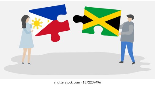 Couple holding two puzzles pieces with Filipino and Jamaican flags. Philippines and Jamaica national symbols together.