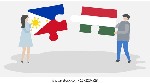 Couple holding two puzzles pieces with Filipino and Hungarian flags. Philippines and Hungary national symbols together.