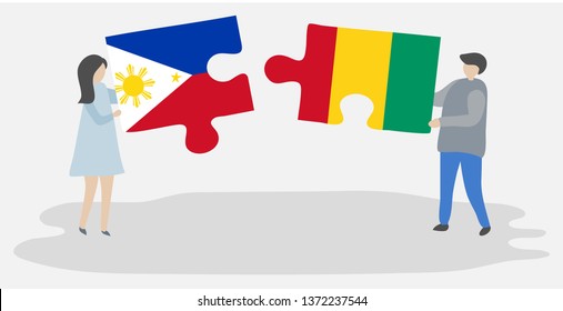 Couple holding two puzzles pieces with Filipino and Guinean flags. Philippines and Guinea national symbols together.