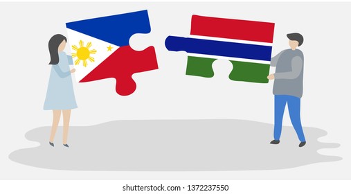 Couple holding two puzzles pieces with Filipino and Gambian flags. Philippines and Gambia national symbols together.