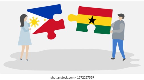 Couple holding two puzzles pieces with Filipino and Ghanaian flags. Philippines and Ghana national symbols together.