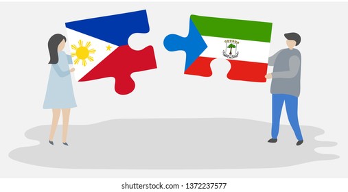 Couple holding two puzzles pieces with Filipino and Equatorial Guinean flags. Philippines and Equatorial Guinea national symbols together.