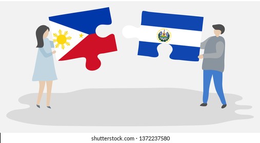 Couple holding two puzzles pieces with Filipino and Salvadoran flags. Philippines and El Salvador national symbols together.
